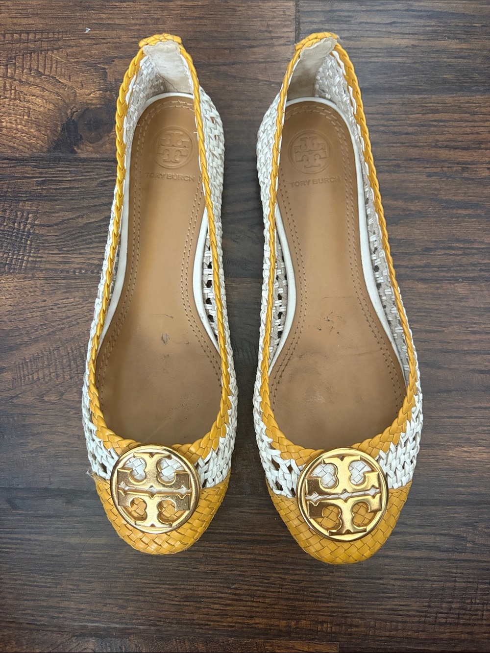 Tory Burch Yellow & White Woven Logo Flats